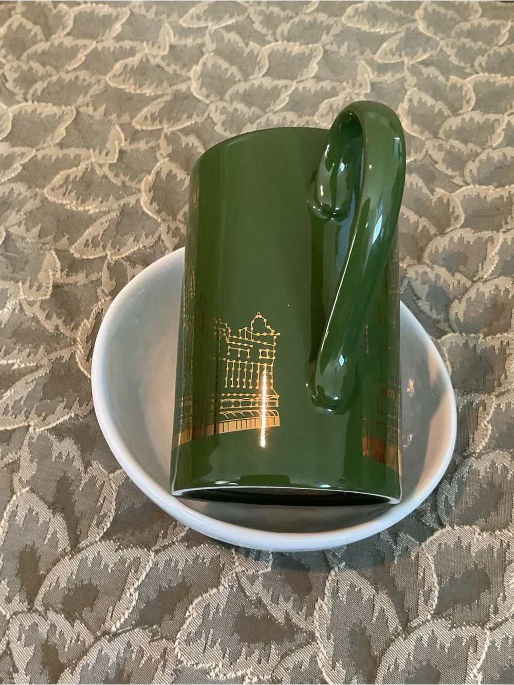 Harrods Knightsbridge Green Stoneware Mug with Gold Decoration Made in Scotland